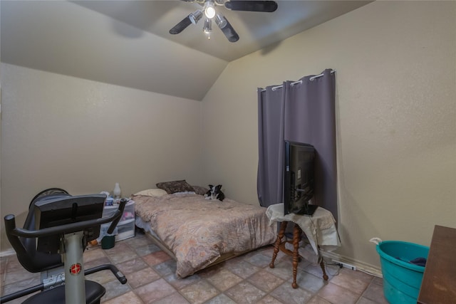 bedroom with ceiling fan and vaulted ceiling