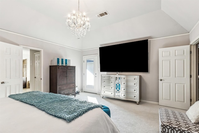 carpeted bedroom featuring a notable chandelier, lofted ceiling, and access to exterior