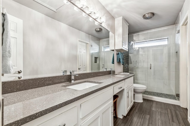 bathroom with vanity, toilet, and a shower with door