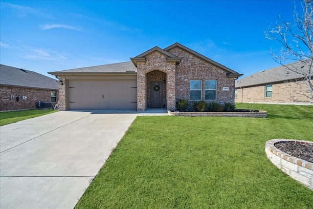 view of front of home with a garage, central air condition unit, and a front lawn