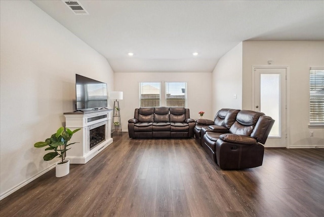 living room with lofted ceiling and dark hardwood / wood-style floors