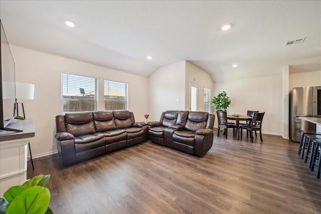 living room with lofted ceiling and dark hardwood / wood-style floors