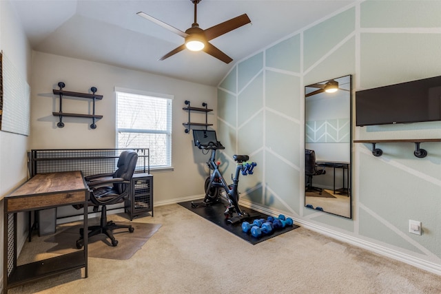 home office with light carpet, lofted ceiling, and ceiling fan