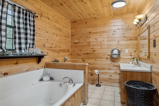 bathroom with wooden walls, a tub, tile patterned flooring, vanity, and wood ceiling