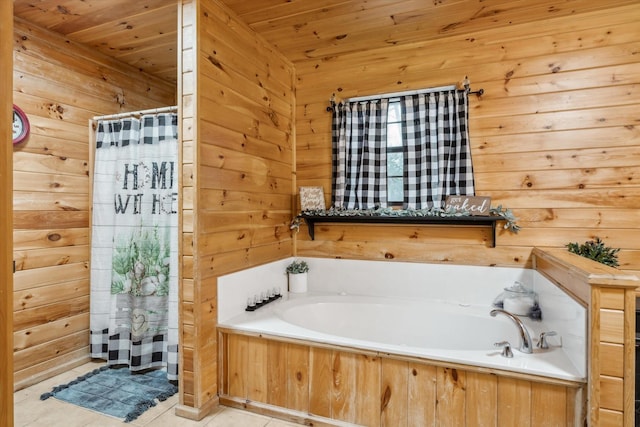 bathroom featuring wooden ceiling, tile patterned floors, and wooden walls