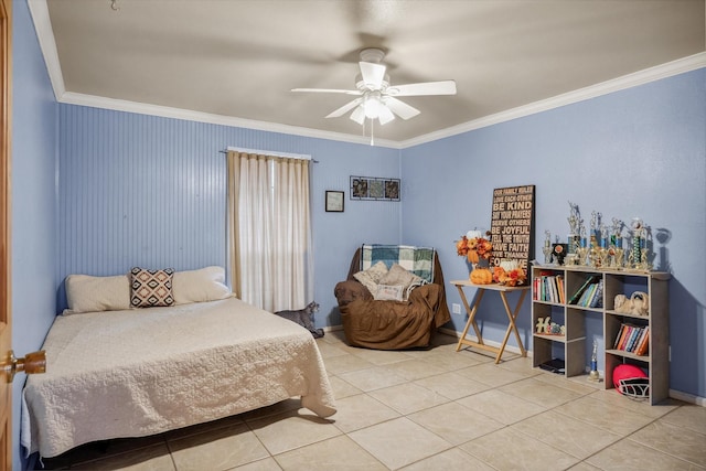 bedroom featuring tile patterned flooring, ornamental molding, and ceiling fan