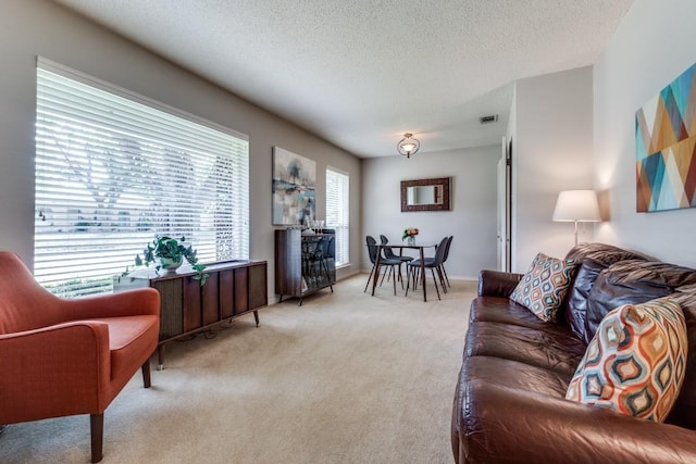 living room with light carpet and a textured ceiling