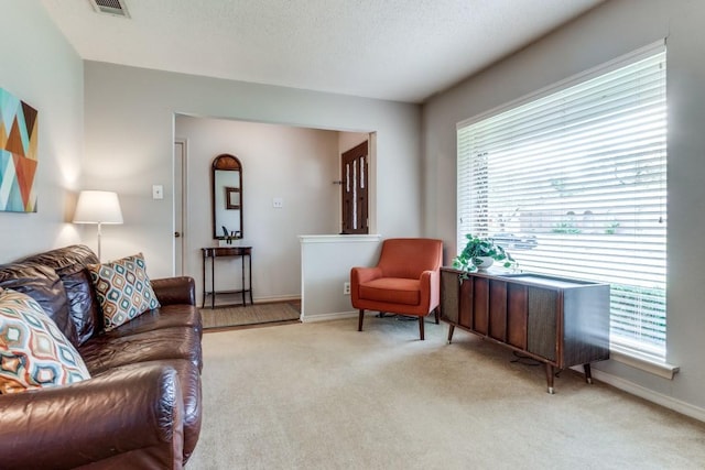 living room with light colored carpet and a textured ceiling