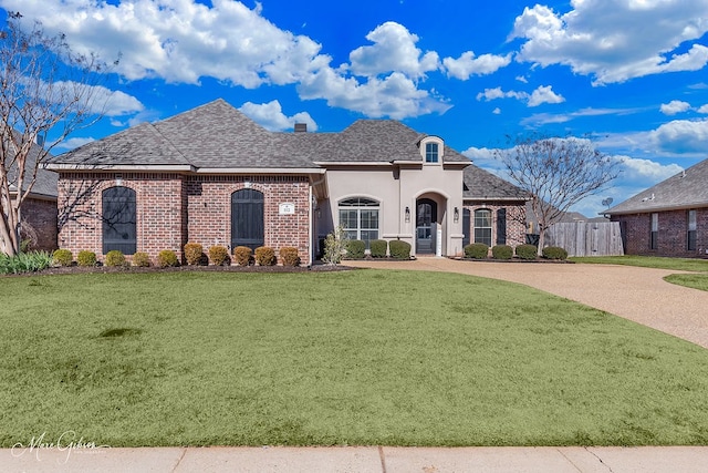 french country inspired facade with a front yard