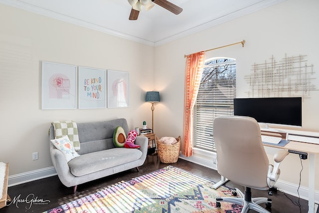 office space with wood-type flooring, ornamental molding, and ceiling fan