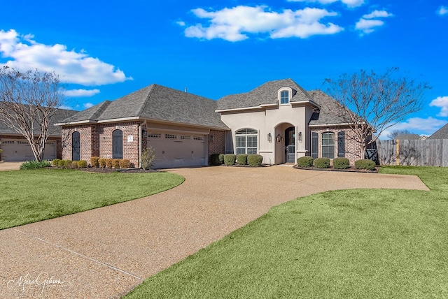 french country inspired facade with a garage and a front lawn