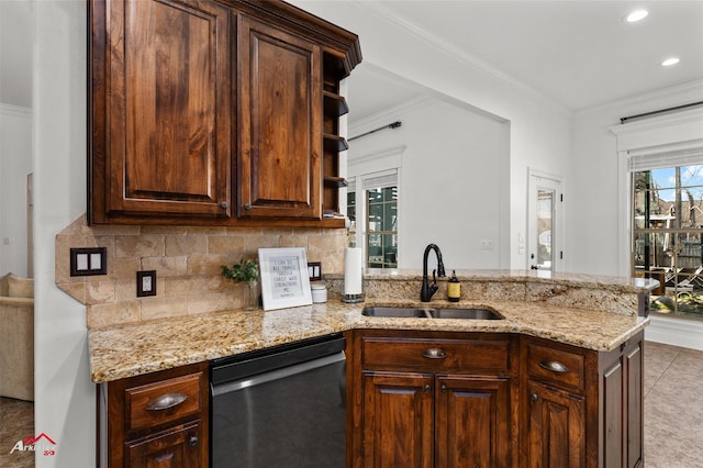 kitchen with sink, crown molding, stainless steel dishwasher, kitchen peninsula, and decorative backsplash