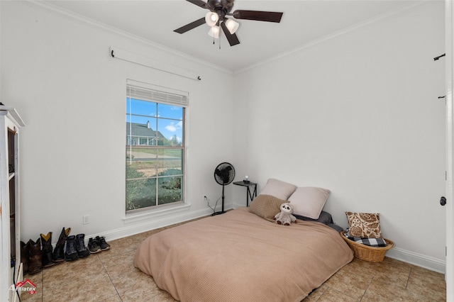 tiled bedroom featuring crown molding and ceiling fan