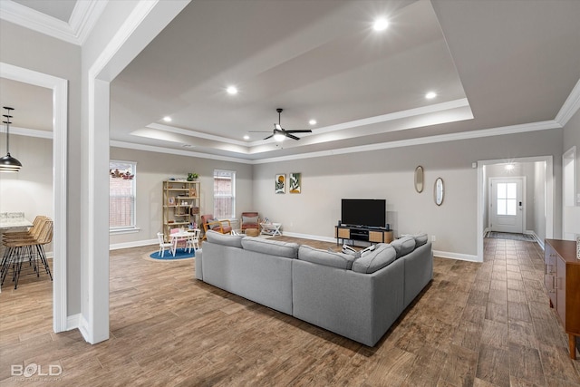 living room with crown molding, hardwood / wood-style floors, a tray ceiling, and ceiling fan