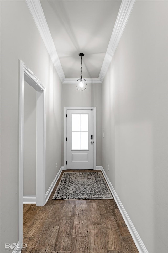 entryway featuring dark hardwood / wood-style flooring and crown molding