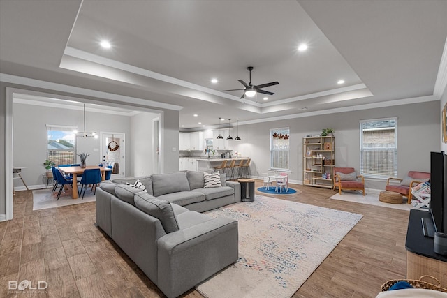 living room with a tray ceiling, ornamental molding, and light hardwood / wood-style floors