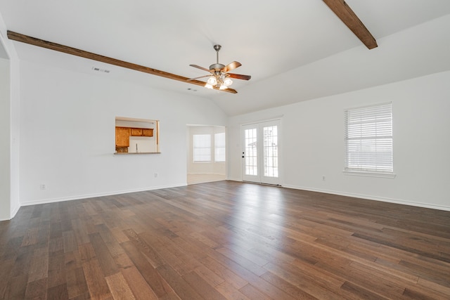 unfurnished living room featuring dark hardwood / wood-style flooring, vaulted ceiling with beams, and ceiling fan