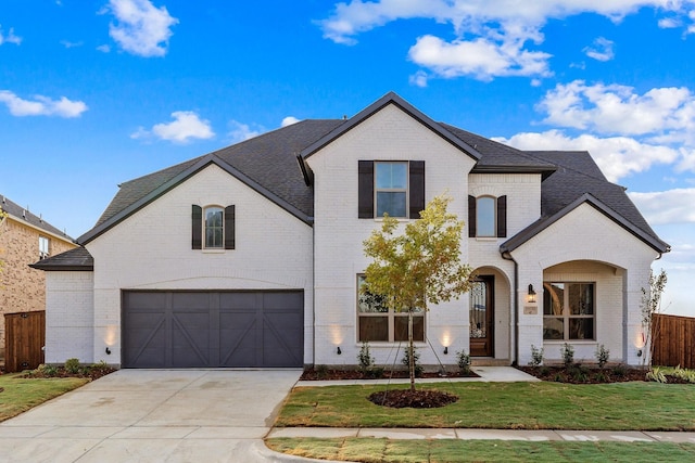 french country inspired facade featuring a garage and a front yard