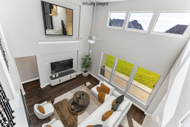 living room with a high ceiling and dark hardwood / wood-style flooring