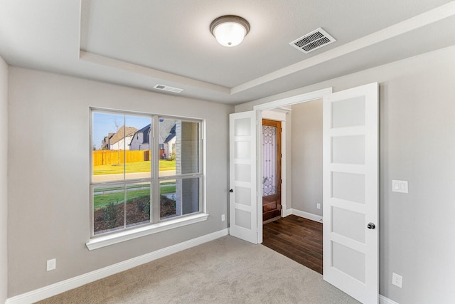 carpeted empty room featuring a tray ceiling