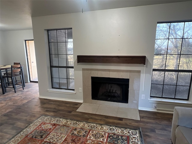 living room with a fireplace and dark hardwood / wood-style flooring