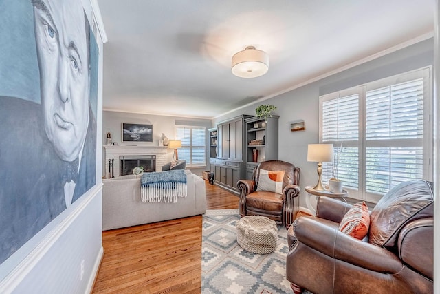 living room with crown molding, a fireplace, and light hardwood / wood-style floors