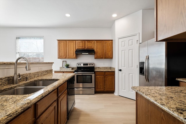 kitchen featuring electric stove, light hardwood / wood-style floors, sink, and light stone counters