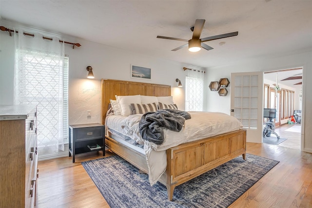 bedroom featuring ceiling fan and light wood-type flooring