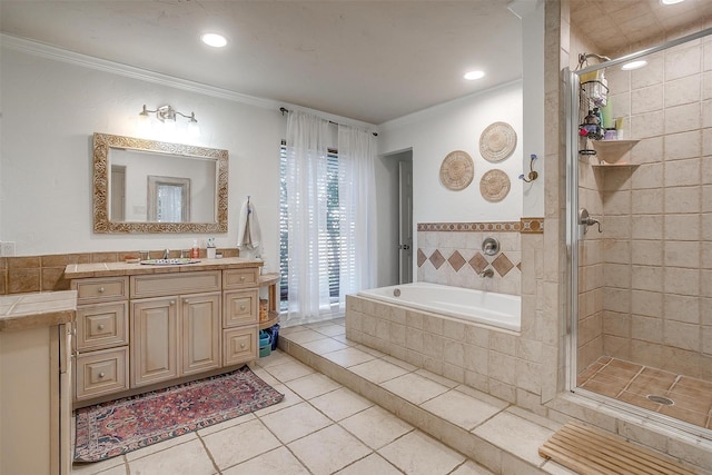 bathroom with ornamental molding, plus walk in shower, tile patterned flooring, and vanity