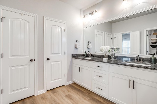 bathroom with wood-type flooring and vanity