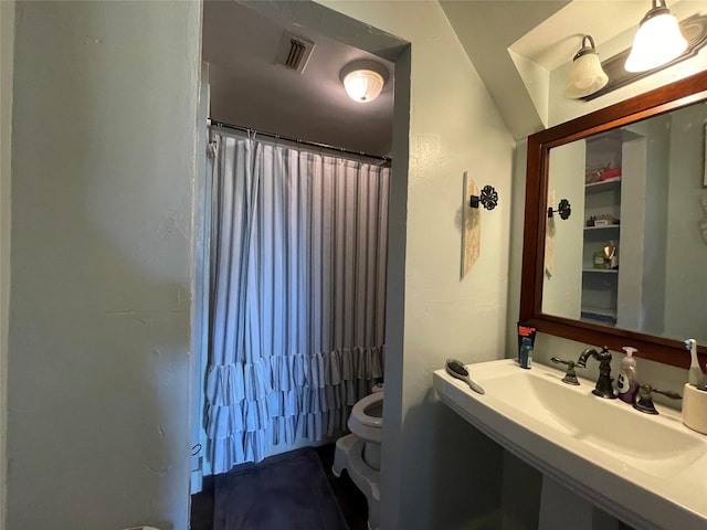 bathroom with sink, toilet, and a shower with shower curtain