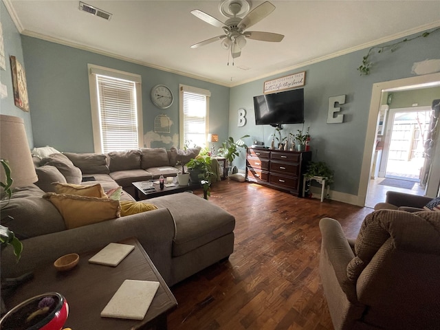living room featuring ornamental molding, dark hardwood / wood-style floors, and ceiling fan