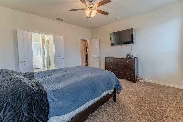 bedroom with light colored carpet and ceiling fan