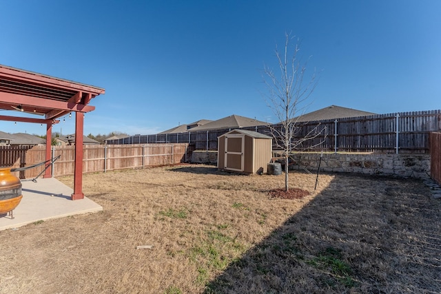 view of yard with a patio area and a shed