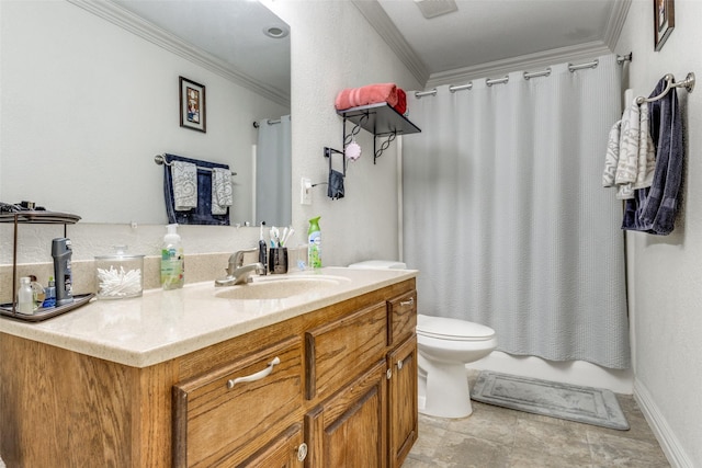 full bathroom featuring ornamental molding, toilet, vanity, and shower / bath combo