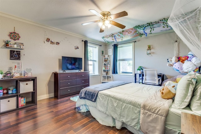 bedroom with ceiling fan, ornamental molding, and dark hardwood / wood-style floors