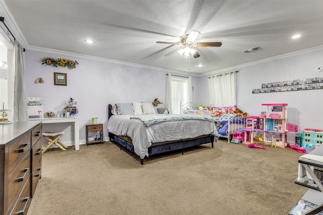 carpeted bedroom featuring ornamental molding and ceiling fan