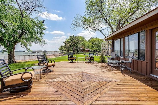 wooden deck featuring a yard and a fenced backyard