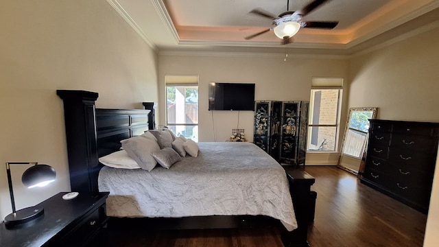 bedroom featuring dark hardwood / wood-style floors, ceiling fan, a tray ceiling, and crown molding