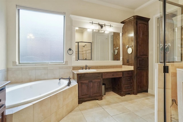 bathroom featuring independent shower and bath, ornamental molding, vanity, and tile patterned floors