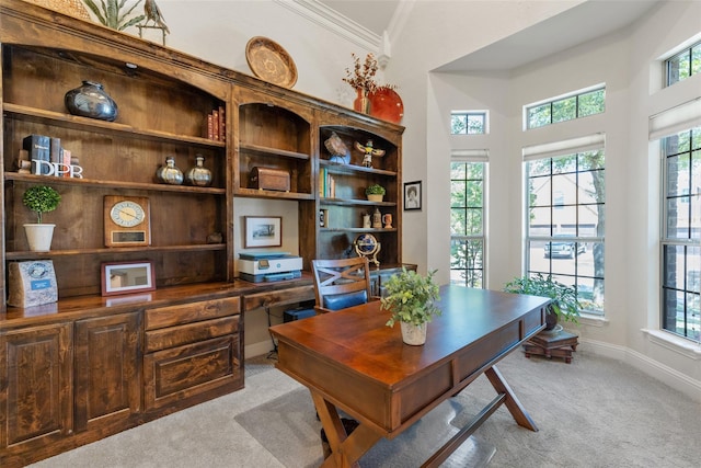 carpeted office space with ornamental molding