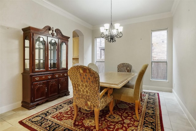 tiled dining area with ornamental molding and a notable chandelier