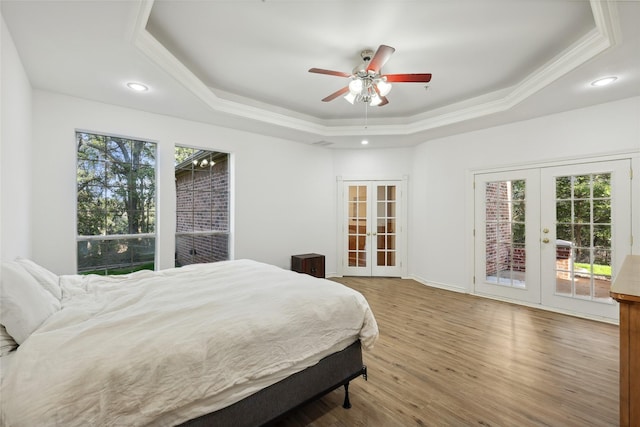 bedroom featuring a raised ceiling, access to outside, multiple windows, and french doors