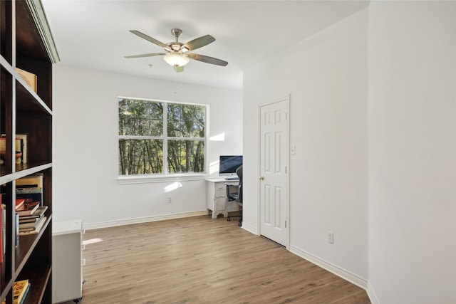 interior space with ceiling fan and light hardwood / wood-style floors