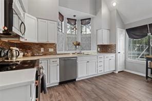 kitchen with appliances with stainless steel finishes, dark hardwood / wood-style floors, lofted ceiling, sink, and white cabinets