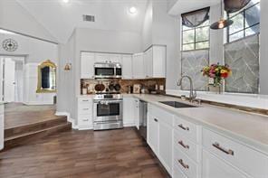 kitchen featuring sink, tasteful backsplash, dark hardwood / wood-style floors, stainless steel appliances, and white cabinets