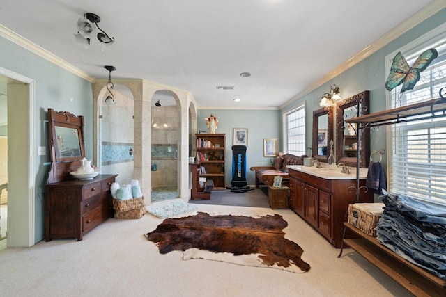 bathroom featuring vanity, crown molding, and a shower with door