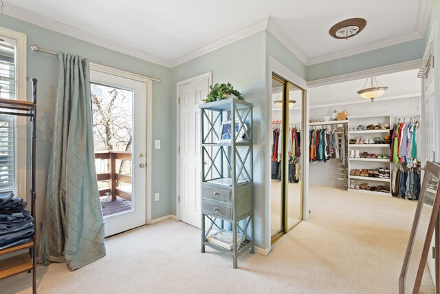 interior space featuring light carpet and crown molding