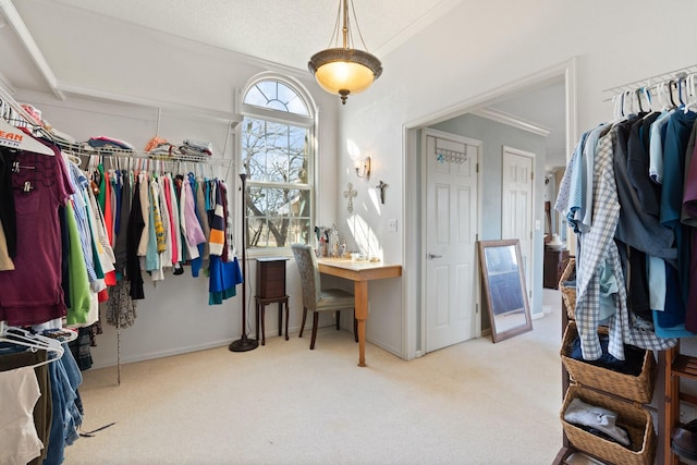 spacious closet featuring light carpet