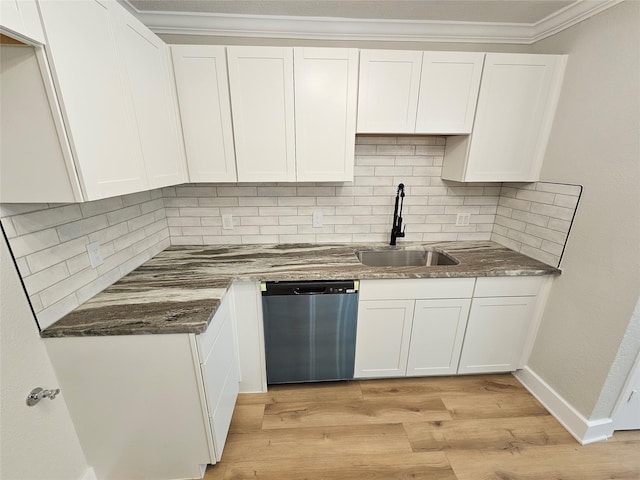 kitchen with sink, stainless steel dishwasher, and white cabinets